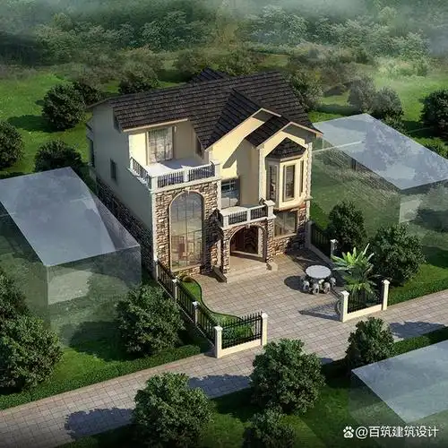 欧式三层电梯别墅,挑空与两层落地窗搭配