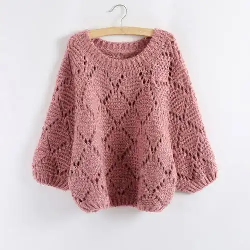 韩版宽松短款镂空蝙蝠袖毛衣女套头短袖春装针织衫罩衫外套上衣薄