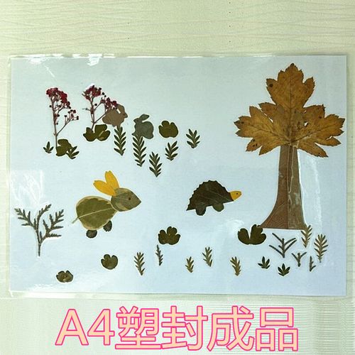 真树叶贴画成品幼儿园小学生课外手工材料 黄色 龟兔赛跑成品 干树枝
