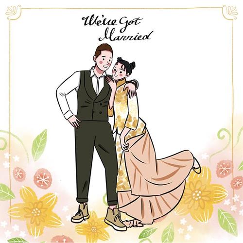 手绘婚礼头像插画请柬设计卡通漫画情侣结婚照片手绘真人漫画