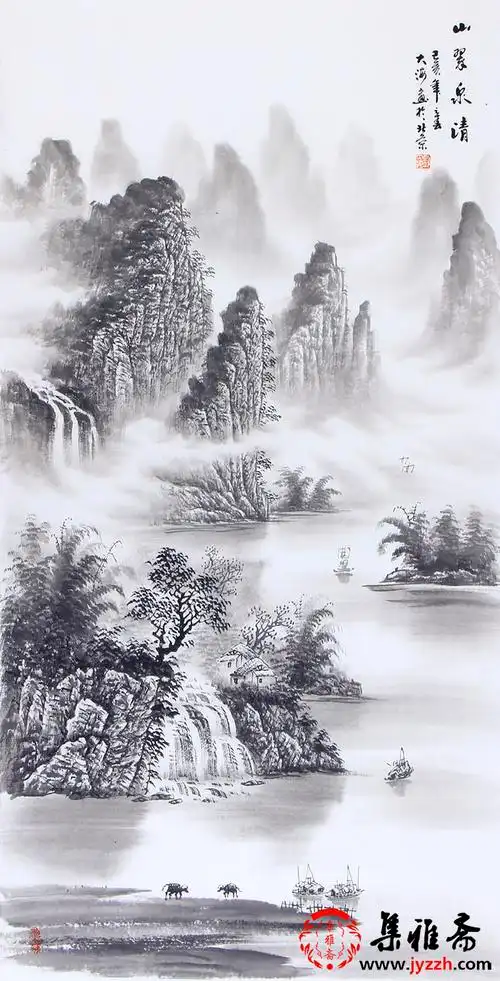 刘大海四尺竖幅山水画作品《山翠泉清》 _水墨山水画_山水画