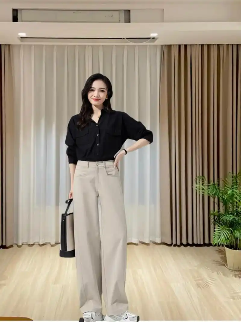 窄版阔腿裤女2024新款水洗棉米色裤子女