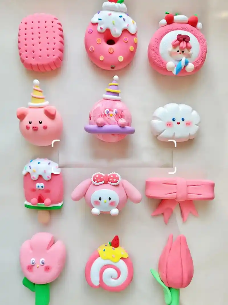 粉色好少女心呀|黏土冰箱贴花束 粉粉嫩嫩的颜色 捏的有甜甜圈93