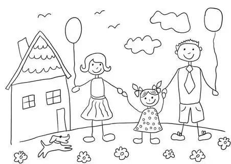 儿童画和狗一起幸福的家庭.父亲, 母亲, 女儿和他们的房子