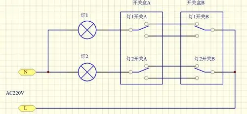 ab两个开关盒都有两个双联双控开关,每个盒子里都有两根红线和两根蓝