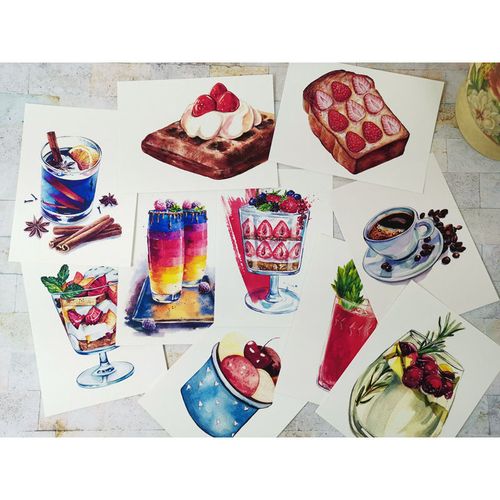 水彩甜点临摹卡片30张手绘风唯美饮品日韩式美术绘画教学比照w