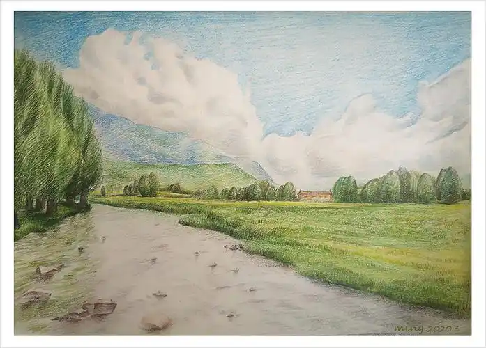 3原创作品插画艺术插画手绘彩铅原创稻城亚丁风景画热带雨林901古风42