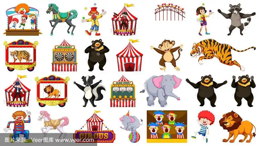 huge circus collection with mixed animals, people, clowns and