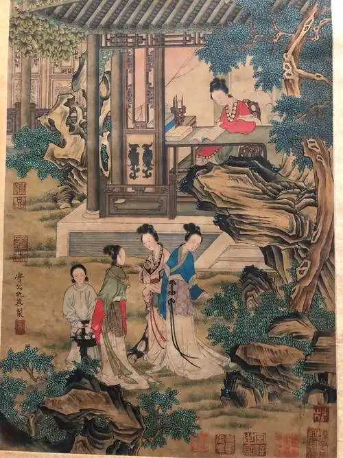 明代仇英绘人物"四女图"绢本设色立轴,宽48厘米,高68厘米,3平尺.