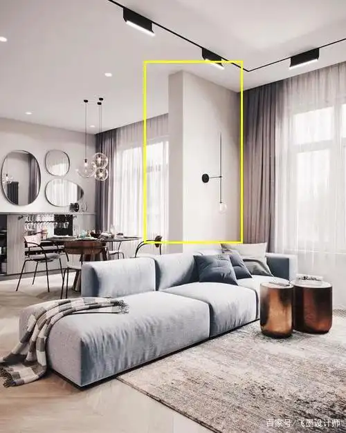 沙发后面做半堵隔墙,这样与隔墙组合,充当了功能区之间的隔断.