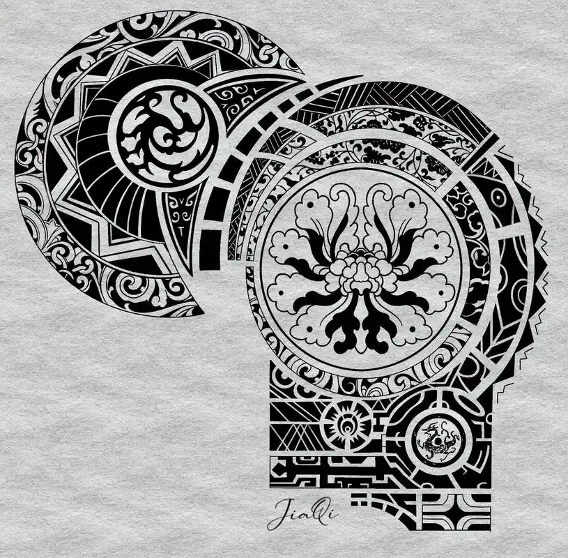 中国图腾丨缠枝牡丹主题图腾半胛手稿