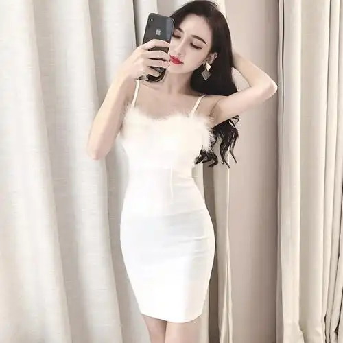 直播衣服 女主播性感毛毛v领抹胸露肩弹力吊带包臀连衣裙2020新款