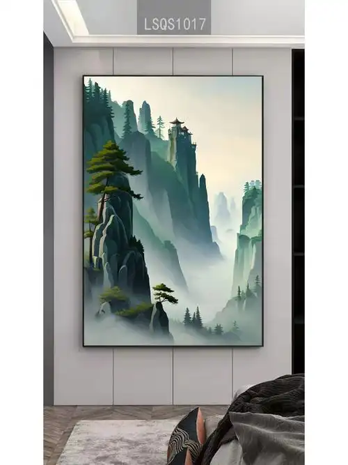 西墙玄关挂画山水画背有靠山图青山绿水现代沙发背景墙客厅装饰画高清