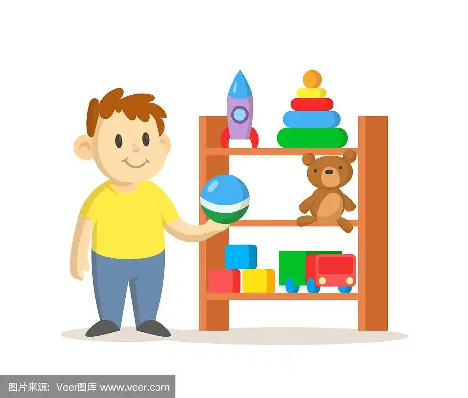 男孩站在玩具储物柜旁边,柜子里摆满了玩具.