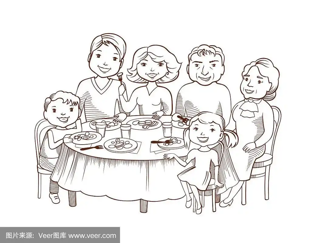 可爱的卡通家庭在餐桌上吃饭