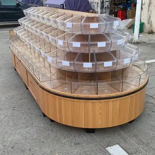 超市木质四层散称柜散装零食货架饼干糖果休闲食品圆形中岛展示柜