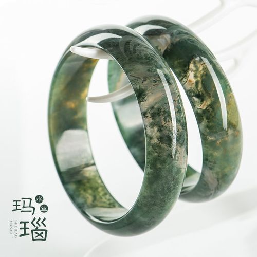 【国检证书】水草玛瑙手镯印度七彩玉飘花镯子异象绿复古风玉镯女