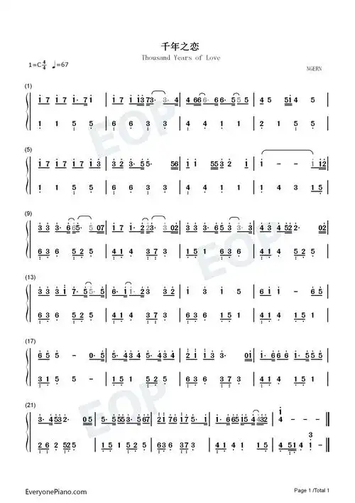 千年之恋-c调简单版-琉璃插曲双手简谱预览1-钢琴谱文件(五线谱,双手