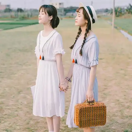 闺蜜装姐妹装棉麻连衣裙女2017新款韩版夏学生中长款学院风小清新