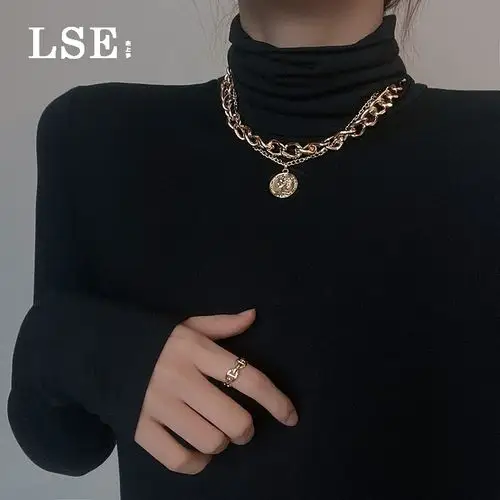 周雨彤同款嘻哈大金链子双层叠头像项链2020年新款女锁骨链轻奢潮