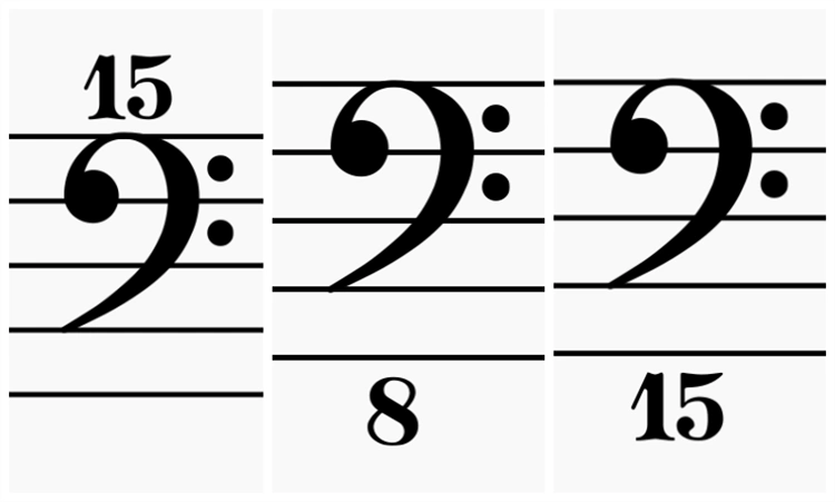 除了标数字的低音谱号之外,还有上低音谱号,其螺旋开始处为三线,音域