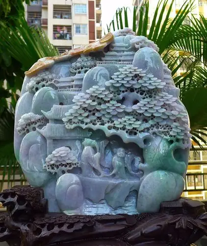 精美缅甸天然翡翠大件山水摆件黄加绿雕刻线条珠宝奇石