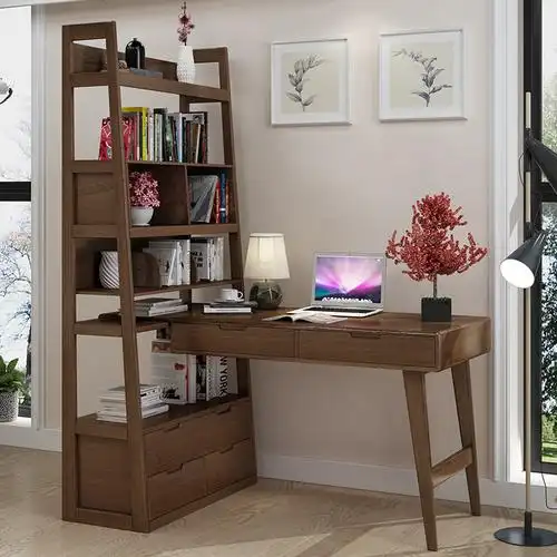 书柜书桌书架书房家具套装组合家用电脑桌一体桌带转角实木写字桌