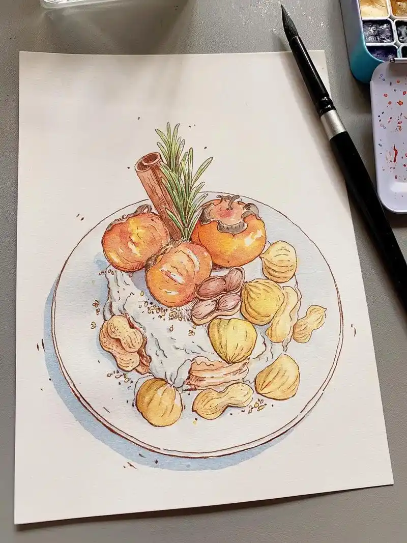 好柿花生#钢笔淡彩 #水彩美食画 #水彩 #绘画过程分享 # - 抖音