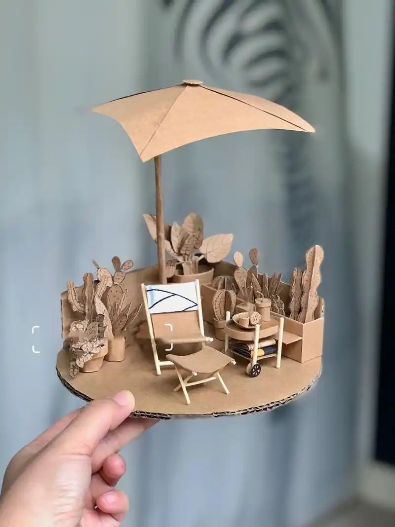 创意手工diy废纸箱制作小房子—露台 小房子的第六部分,露台做好了!