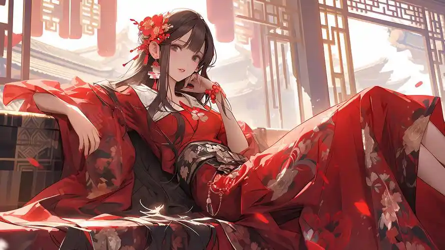 古风新娘,红衣翩跹,头饰璀璨,绝美动漫壁纸免费下载
