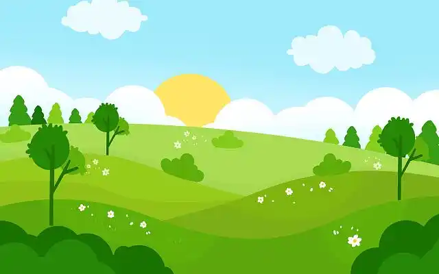 背景图片绿色层次草坪卡通素材卡通草地草地上的房子和树林自然景观