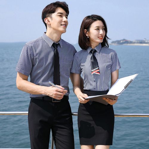 职业衬衫短袖条纹男女同款夏季气质修身正装上衣定制绣logo工作服