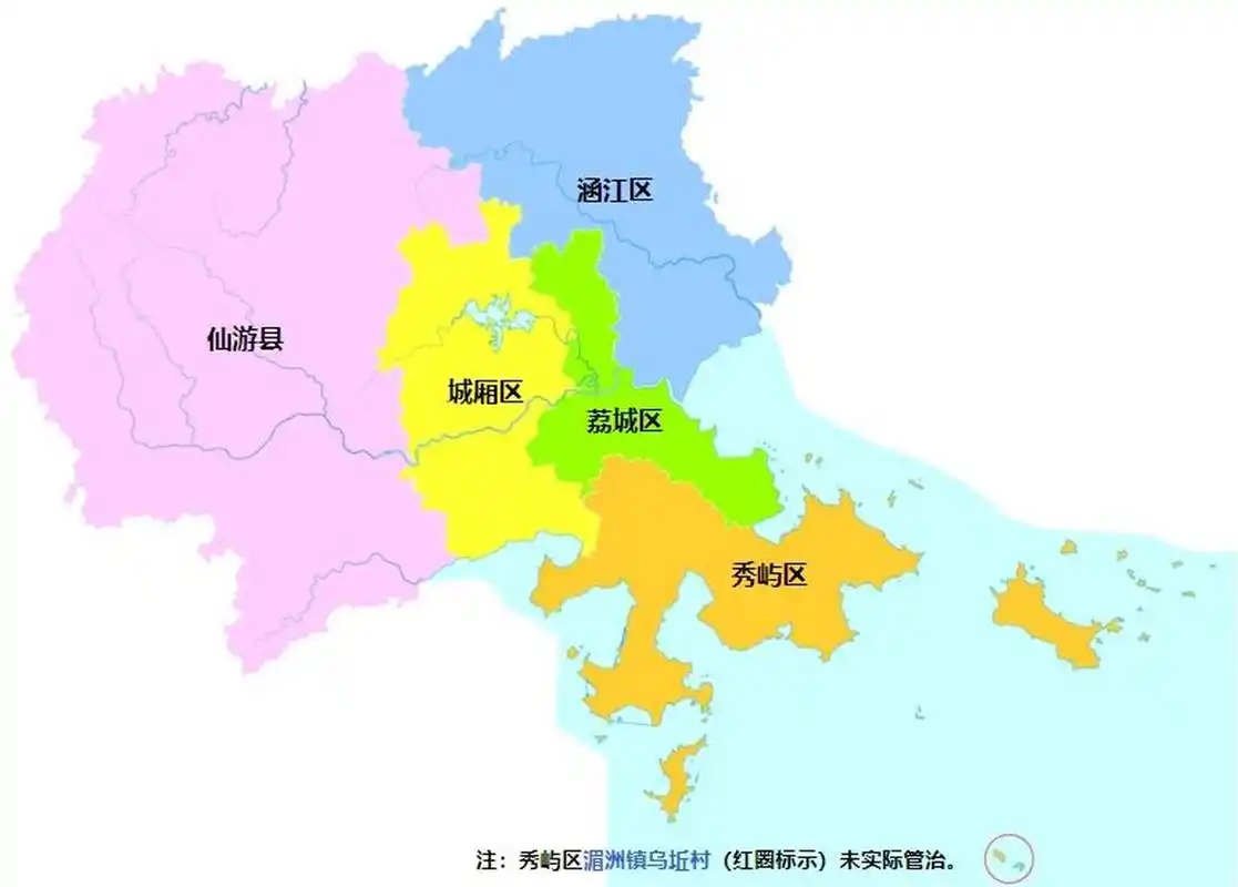 莆田全市划分为 4个区:荔城区,城厢区,涵江区,秀屿区; 1个县:仙游
