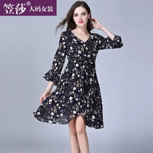 大码秋装女胖mm2017新款藏肉中长款荷叶边胖妹妹遮肚子连衣裙减龄品牌
