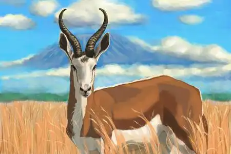 一只羚羊/羚羊在黄色的草地上, 在云层中的火山山背景上的插图照片