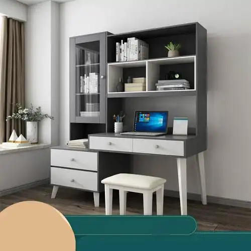 北欧书桌书架组合简约卧室写字台办公桌家用电脑桌连书柜一体