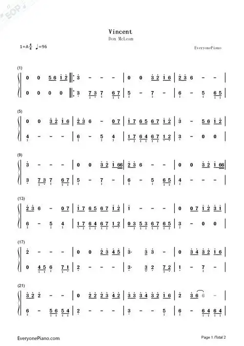 vincent钢琴简谱-don mclean演唱1