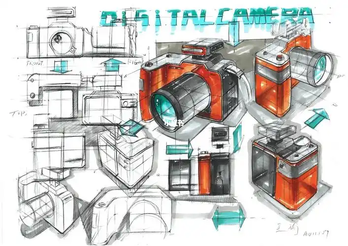 工业设计手绘相机三视图产品案例表达