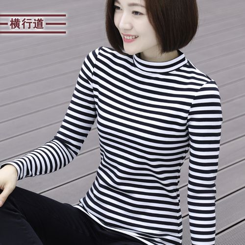 横行道冬装女装半高领2024春装套头上衣服厚款韩版黑白条纹打底衫