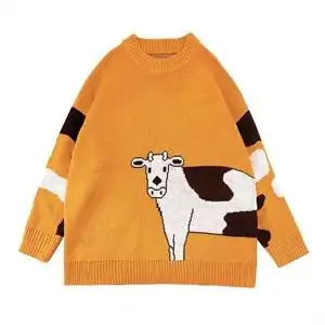 颜色可定制#新款红色毛衣趣味撞色新年可爱牛图案针织衫,针织衫/毛衣