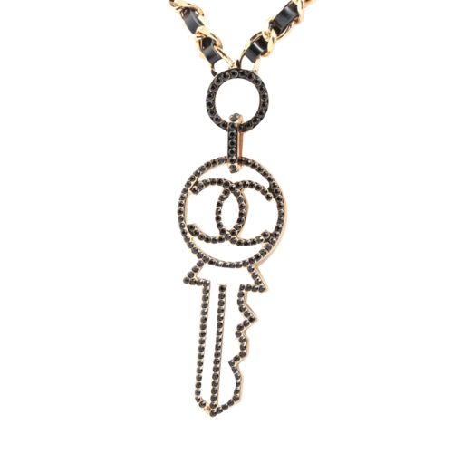 【古着】chanel 香奈儿 双c标志钥匙主题水钻吊坠项链(镀金×皮革)