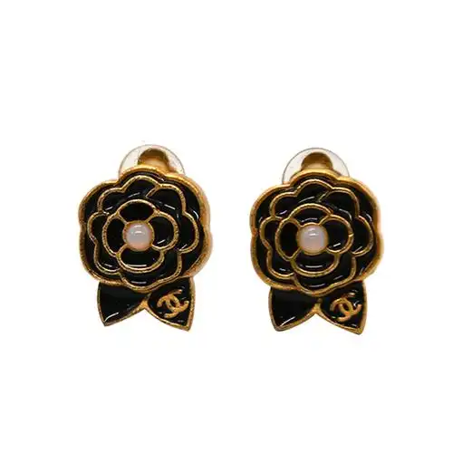 [9.5新]香奈儿chanel女士山茶花黑金耳夹