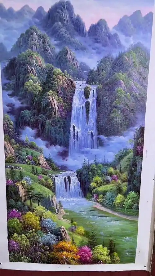 手绘油画,高山流水风景画