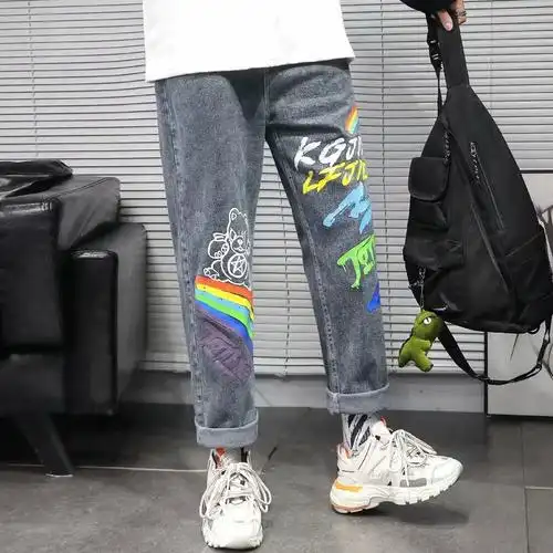 潮牌ins韩版卡通印花牛仔裤男宽松潮流百搭直筒裤休闲裤子老爹裤