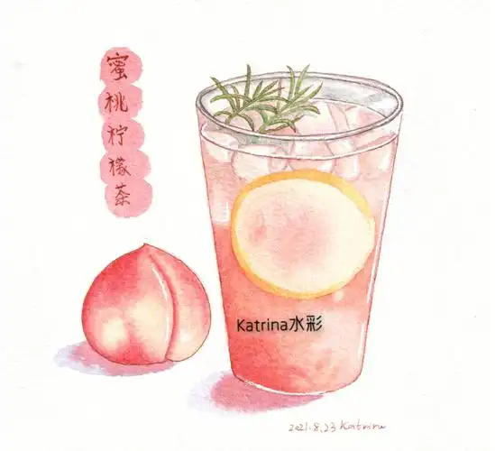 原创水彩美食手帐桃桃柠檬冰饮附过程图