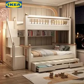 ikea宜家儿童上下床奶油风高低床双层床带滑梯衣柜子母床小户型简