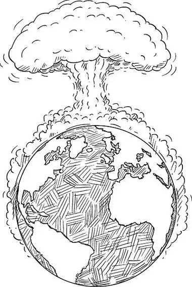 行星地球或世界的矢量卡通画或插图摧毁了大核爆炸或全球战争或冲突.