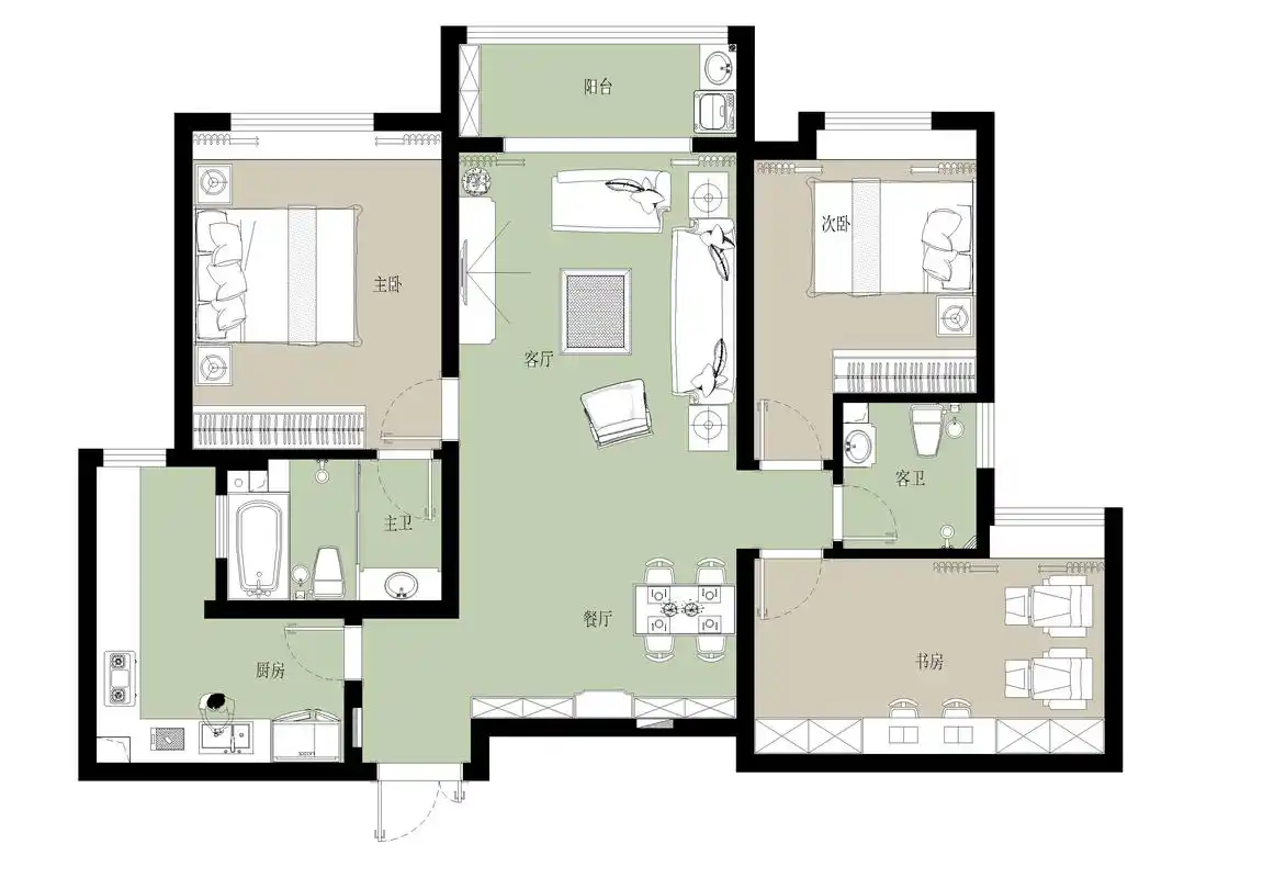 领秀城中央公园130平三室二厅简约欧式