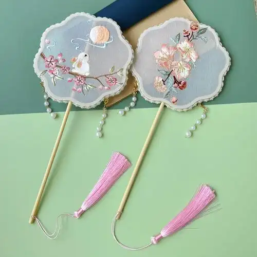 八瓣汉服道具拍照扇子舞蹈古风团扇长柄款圆扇工艺扇