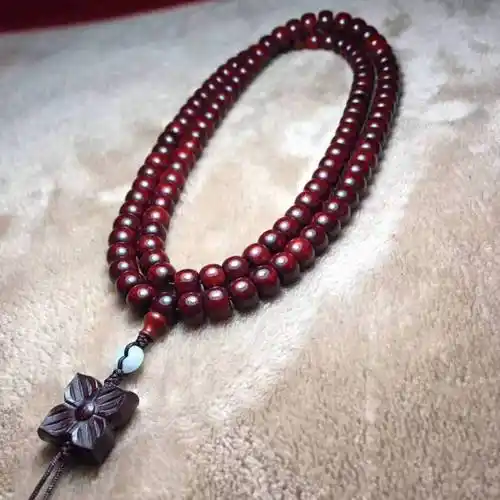 梵心阁印度小叶紫檀108颗佛珠手链鸡血红高密度无棕眼搭配四叶草设计